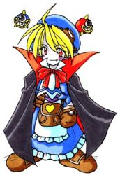 Rule 34 | 1girl, ahoge, apron, bag, blonde hair, cape, fang, gloves, goggles, hat, heart, kenryutei, kenryuu (kenryuutei), lowres, marivel armitage, no nose, pointy ears, red eyes, ribbon, robot, shoes, short hair, smile, solo, vampire, wild arms, wild arms 2