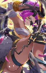 1girl armpits bandaged_arm bandages chain claws closed_mouth dark-skinned_female dark_skin demon_girl demon_horns eyelashes eyepatch glint highres holding holding_sword holding_weapon horns maato_tac moon original purple_hair red_eyes smile solo sword tan weapon