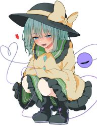 Rule 34 | 1girl, black hat, blush, bow, commentary, frilled skirt, frills, full body, green eyes, green hair, green skirt, half-closed eyes, hat, hat bow, heart, heart of string, highres, komeiji koishi, koroyarou, long sleeves, looking at viewer, medium hair, open mouth, shirt, simple background, skirt, solo, squatting, symbol-only commentary, third eye, touhou, white background, yellow bow, yellow shirt