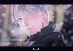 Rule 34 | 1boy, artist request, black border, blue eyes, border, breath, closed mouth, copyright name, hair over one eye, highres, looking at viewer, male focus, short hair, signature, smile, snow, snowing, solo, viktor nikiforov, white hair, winter, yuri!!! on ice