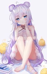 Rule 34 | + +, 1girl, :t, ahoge, ass, azur lane, barefoot, bird, book, book stack, casual, chick, choker, collarbone, commentary request, double bun, dress, eyes visible through hair, hair bun, head rest, head tilt, highres, le malin (azur lane), le malin (sleepy sunday) (azur lane), long hair, looking at viewer, manjuu (azur lane), no shoes, official alternate costume, panipo, pout, sidelocks, simple background, sitting, solo, symbol-shaped pupils, white background, white dress, white hair