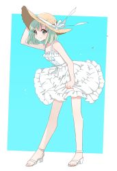 Rule 34 | 100 hitsuji, 1girl, blue background, blush, brown eyes, closed mouth, dress, frilled dress, frills, green hair, hand on headwear, hat, high heels, highres, idolmaster, idolmaster (classic), looking at viewer, mole, mole under eye, shiika (idolmaster), short hair, simple background, smile, solo, standing, sun hat, toeless footwear, white dress, white footwear