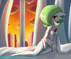 Rule 34 | 1girl, barefoot, bed, bob cut, bottomless, breasts, cleavage, creatures (company), game freak, gardevoir, gen 3 pokemon, green eyes, highres, naked shirt, nintendo, pokemon, pokemon (creature), shirt, solo, zerokun135