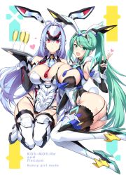 Rule 34 | 2girls, adapted costume, ass, breasts, cleavage, green eyes, green hair, halcon, highres, kos-mos, kos-mos re:, large breasts, leotard, long hair, multiple girls, playboy bunny, pneuma (xenoblade), ponytail, swept bangs, very long hair, xenoblade chronicles (series), xenoblade chronicles 2, xenosaga