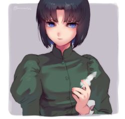 Rule 34 | 1girl, aged down, alternate costume, bad id, bad pixiv id, black hair, blue eyes, dress, feathers, fingernails, ghost in the shell, green dress, grey background, holding, holding feather, katsuoboshi, kusanagi motoko, looking at viewer, nib pen (medium), short hair, simple background, solo, traditional media, twitter username, upper body
