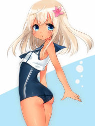 Rule 34 | 10s, 1girl, ass, blonde hair, blue eyes, flower, hair flower, hair ornament, kantai collection, kuritomo, long hair, looking back, one-piece swimsuit, ro-500 (kancolle), school swimsuit, simple background, solo, swimsuit, tan
