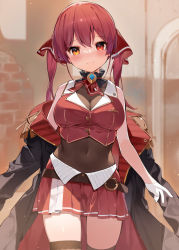 Rule 34 | 1girl, ascot, bare shoulders, belt, belt buckle, black coat, black skirt, breasts, brown leotard, brown thighhighs, buckle, cleavage, closed mouth, coat, covered navel, cowboy shot, cropped vest, epaulettes, gloves, hair ribbon, hana mori, hololive, houshou marine, houshou marine (1st costume), leotard, leotard under clothes, long hair, looking at viewer, medium breasts, miniskirt, open clothes, open coat, pleated skirt, red ascot, red eyes, red hair, red ribbon, red skirt, red vest, ribbon, see-through, see-through cleavage, skirt, smile, solo, thighhighs, twintails, vest, virtual youtuber, white gloves, yellow eyes, zettai ryouiki