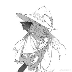 Rule 34 | 1boy, 1girl, absurdres, boots, carrying, child carry, chinese commentary, choker, closed eyes, dress, face-to-face, greyscale, half-closed eyes, hat, hat ornament, hetero, highres, kiss, kissing nose, lace, lace-trimmed dress, lace trim, large hands, long hair, long sleeves, looking at another, monochrome, multiple scars, profile, scar, scar on face, short hair, sketch, tail, very long hair, weibo logo, weibo watermark, witch, witch hat, www planet