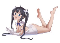 Rule 34 | 1girl, ass, barefoot, black hair, blue eyes, bottomless, breasts, breasts out, conejologia, dress, dungeon ni deai wo motomeru no wa machigatteiru darou ka, feet, gloves, hestia (danmachi), highres, long hair, looking at viewer, lying, nipples, on stomach, ribbon, ribbon hair, soles, solo, the pose, toes, twintails, white background, white dress, white ribbon