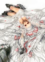Rule 34 | 1girl, alternate costume, archlich, armor, bad deviantart id, bad id, boots, breasts, cleavage, cyborg, female focus, fujiwara no mokou, hair ribbon, jewelry, large breasts, long hair, lying, necklace, red eyes, ribbon, silver hair, solo, touhou
