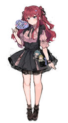 Rule 34 | 1girl, bag, bag charm, black ribbon, black skirt, blush, boots, brown footwear, charm (object), closed mouth, full body, hair ribbon, hand fan, highres, holding, holding fan, ikeuchi tanuma, looking at viewer, neck ribbon, original, pink shirt, pinky out, purple eyes, red hair, ribbon, shirt, shoulder bag, simple background, sketch, skirt, solo, standing, suspender skirt, suspenders, white background