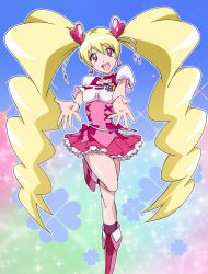 Rule 34 | 00s, 1girl, blonde hair, boots, bow, choker, churumi (grie), cure peach, dress, earrings, eyelashes, fresh precure!, frilled dress, frills, grie, hair ornament, happy, heart, heart hair ornament, jewelry, knee boots, kneehighs, long hair, looking at viewer, magical girl, momozono love, open mouth, pink bow, pink dress, pink eyes, pink footwear, pink socks, precure, puffy sleeves, smile, socks, solo, twintails, very long hair