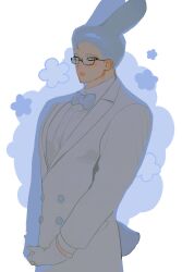 Rule 34 | 1boy, animal ears, black-framed eyewear, blue background, blue bow, blue bowtie, blue eyes, blue hair, bow, bowtie, bright pupils, coat, collared coat, collared shirt, floral background, glasses, gloves, grey coat, grey gloves, grey shirt, highres, korean commentary, long sleeves, male focus, open mouth, original, rabbit boy, rabbit ears, rabbit tail, sasi mozzi1, shirt, short hair, solo, standing, tail, two-tone background, upper body, very short hair, white background