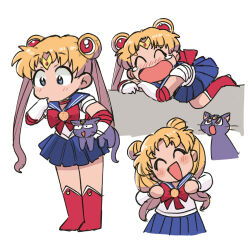 Rule 34 | bishoujo senshi sailor moon, blonde hair, blue eyes, blue skirt, blush, boots, bow, cat, closed eyes, luna (sailor moon), magical girl, open mouth, red bow, red footwear, sailor moon, simple background, skirt, tsubobot, tsukino usagi, variations, white background