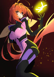 Rule 34 | 1girl, ahoge, black gloves, bodysuit, bow, breasts, covered navel, floating hair, fortified suit, gloves, hair bow, hair intakes, highres, kagami sumika, kamon rider, long hair, medium breasts, muv-luv, muv-luv alternative, orange hair, parted lips, pilot suit, pink bodysuit, ponytail, red eyes, red hair, solo, very long hair, yellow bow