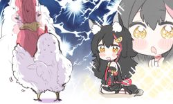 Rule 34 | 1girl, animal, animal ear fluff, animal ears, bird, black hair, blush, chestnut mouth, chicken, detached sleeves, dress, drooling, hair ornament, hairclip, highres, hololive, japanese clothes, kneeling, lightning, long hair, noyama (noyama8888), ookami mio, ookami mio (1st costume), open mouth, shaded face, sleeveless, sleeveless dress, sparkling eyes, sweatdrop, tail, very long hair, virtual youtuber, wolf ears, wolf girl, wolf tail