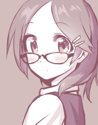 Rule 34 | 10s, 1girl, blew andwhite, blush, glasses, hair ornament, hairclip, kantai collection, kuroshio (kancolle), looking at viewer, monochrome, school uniform, short hair, simple background, solo