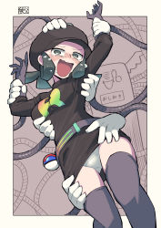 Rule 34 | 1girl, arms up, belt, boots, border, breasts, chichibu (watson), commentary request, creatures (company), crying, dress, game freak, gloves, great ball, green eyes, green hair, hand on headwear, hat, highres, holding another&#039;s wrist, logo, mechanical arms, multiple hands, nintendo, open mouth, panties, partially colored, poke ball, pokemon, pokemon usum, signature, team rainbow rocket, team rainbow rocket grunt, team rainbow rocket uniform, tears, thigh boots, tickling, tickling armpits, tickling legs, tickling sides, translation request, underwear, white border
