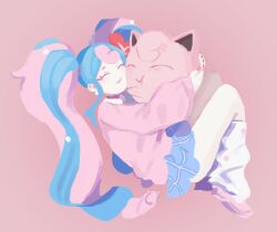 Rule 34 | absurdres, blue skirt, closed eyes, creatures (company), game freak, gen 1 pokemon, hatsune miku, highres, hug, jigglypuff, li shay, long hair, multicolored hair, nintendo, pink background, pink sweater, pokemon, project voltage, skirt, sweater, two-tone hair, vocaloid