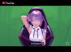 Rule 34 | 1girl, :d, absurdres, armpits, belt, black belt, black skirt, blush, catchphrase, chair, earrings, fangs, gaming chair, glasses, green eyes, hair ornament, hairclip, hand in own hair, hand up, highres, hololive, jewelry, letterboxed, looking at viewer, neck ribbon, on chair, open mouth, purple hair, ribbon, round eyewear, shirt, sitting, skirt, smile, solo, subtitled, swivel chair, tokoyami towa, twintails, virtual youtuber, white shirt, youtube logo, yukiyoshi mamizu