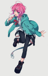 Rule 34 | 1boy, :d, ahoge, amemura ramuda, androgynous, asada hachi, belt, black footwear, black pants, blue eyes, buttons, candy, collared shirt, commentary request, dress shirt, food, full body, green jacket, grey background, highres, holding, holding candy, holding food, holding lollipop, hood, hood down, hooded jacket, hypnosis mic, jacket, lollipop, looking at viewer, male focus, open clothes, open jacket, open mouth, pants, pink hair, red neckwear, red ribbon, ribbon, shirt, shoes, short hair, sidelocks, simple background, smile, solo, standing, standing on one leg, twitter username, watermark, white shirt