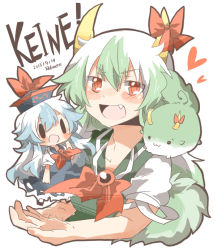 Rule 34 | 1girl, :3, arms up, artist name, bow, character name, chibi, dated, dress, dual persona, ex-keine, expressive clothes, fang, hat, horn ornament, horn ribbon, horns, kamishirasawa keine, looking at viewer, mini person, minigirl, multicolored hair, open hand, open mouth, rebecca (keinelove), red eyes, ribbon, short sleeves, simple background, sukusuku hakutaku, tail, touhou, two-tone hair, white background, | |