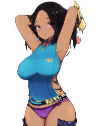 Rule 34 | 1girl, absurdres, armpits, arms behind head, arms up, black hair, blue shirt, breasts, cowboy shot, dark-skinned female, dark skin, earrings, flower, hair flower, hair ornament, hands in hair, highres, jewelry, large breasts, leg armor, long hair, looking at viewer, miao yao cha, mole, mole under eye, monster hunter, monster hunter: world, monster hunter (character), monster hunter (series), parted lips, purple eyes, shirt, simple background, sleeveless, sleeveless shirt, slinger (monster hunter), solo, standing, white background
