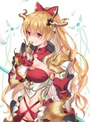 Rule 34 | 1girl, armor, blonde hair, blush, bow, breasts, cleavage, cowboy shot, creature, detached collar, elbow pads, evil smile, faulds, finger to mouth, gauntlets, granblue fantasy, groin, hair bow, highres, horns, large breasts, long hair, lowleg, navel, parted lips, ponytail, red bow, red eyes, revealing clothes, shaded face, simple background, smile, solo, underbust, very long hair, vira (granblue fantasy), white background, yuntae