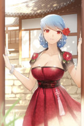 Rule 34 | 1girl, blue hair, blush, bracelet, breasts, cleavage, cropped jacket, dress, female focus, flower, hair bun, hanbok, jewelry, korean clothes, large breasts, lowres, luthica preventer, luticar, obi, red dress, red eyes, ring, rose, sash, shirt, short hair, single hair bun, smile, solo, strapless, strapless dress, sword girls, taut clothes, taut shirt