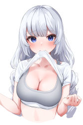 Rule 34 | 1girl, absurdres, azumake (azumakei), blue eyes, blunt bangs, blush, breasts, cleavage, clothes in mouth, clothes lift, collarbone, drill hair, grey hair, grey sports bra, hands up, highres, large breasts, lifted by self, long hair, looking at viewer, low twintails, medium breasts, mouth hold, original, shirt, shirt in mouth, shirt lift, short sleeves, simple background, solo, sports bra, twin drills, twintails, upper body, white background, white shirt