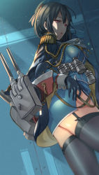 Rule 34 | 10s, 1girl, aiguillette, ascot, beret, black gloves, black hair, black thighhighs, epaulettes, from behind, from below, fujita (condor), gloves, hand on own hip, hat, kantai collection, long sleeves, looking at viewer, looking back, machinery, military, military uniform, naval uniform, red eyes, short hair, side slit, solo, takao (kancolle), thighhighs, uniform
