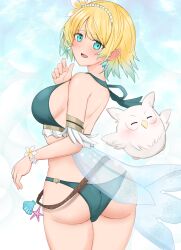 Rule 34 | 1girl, alternate costume, aqua bikini, armband, ass, beach, bikini, blonde hair, blue eyes, breasts, butt crack, character doll, earrings, feh (fire emblem heroes), fire emblem, fire emblem heroes, fjorm (fire emblem), fjorm (summer) (fire emblem), flower, hair flower, hair ornament, twirling hair, highres, inflatable toy, jewelry, looking at viewer, looking back, medium breasts, nintendo, official alternate costume, parted lips, short hair, sideboob, smile, solo, swimsuit, toshimasa