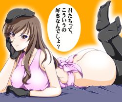 Rule 34 | 10s, 1girl, apron, ass, black thighhighs, blush, breasts, brown eyes, butt crack, girls und panzer, gloves, hat, head on hand, large breasts, lying, naked apron, on stomach, rusher, shimada chiyo, smile, solo, thighhighs, translation request, white hair