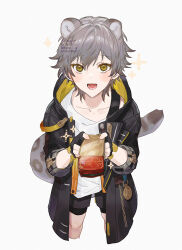 Rule 34 | 1boy, animal ears, artist name, black coat, black gloves, black shorts, blush, brown eyes, caelus (honkai: star rail), card, chain, coat, collarbone, fingerless gloves, gloves, gold chain, grey hair, hair between eyes, hands up, holding, holding card, honkai: star rail, honkai (series), hood, hooded coat, kemonomimi mode, long sleeves, looking at viewer, male focus, open clothes, open coat, open mouth, pocket watch, raccoon ears, raccoon tail, rowya, shirt, short hair, shorts, simple background, smile, solo, standing, star (symbol), t-shirt, tail, teeth, tongue, trailblazer (honkai: star rail), two-sided coat, two-sided fabric, watch, watermark, white background, white shirt, yellow coat