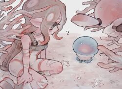 Rule 34 | 1girl, 7om x2, ?, agent 8 (splatoon), bandaid, bandaid on leg, bodysuit, brown hair, closed mouth, commentary request, coral, floating, gradient hair, grey eyes, grey hair, highres, ink tank (splatoon), jellyfish (splatoon), medium hair, multicolored hair, nintendo, non-humanoid robot, octoling, octoling girl, octoling player character, pants, pearl drone (splatoon), robot, sitting, sleeveless, sleeveless bodysuit, solo, splatoon (series), splatoon 3, splatoon 3: side order, tentacle hair, thick eyebrows, two-tone hair, white bodysuit, white pants