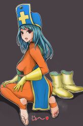 Rule 34 | 1girl, barefoot, blue hair, bodysuit, boots, brown eyes, dragon quest, dragon quest iii, feet, hat, highres, long hair, looking at viewer, lumina (artist), open mouth, priest (dq3), shoes, soles, steam, stirrup legwear, toeless legwear, toes, unworn boots, unworn shoes
