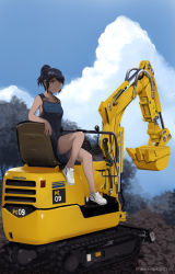 Rule 34 | 1girl, artist name, black hair, cloud, cloudy sky, construction, dated, dead-robot, excavator, komatsu pc09, looking at viewer, machinery, mixed-language commentary, motor vehicle, naked overalls, original, outdoors, overalls, ponytail, rock, shoes, sitting, sky, sneakers, solo, tree, vehicle focus, watermark, white footwear