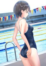 Rule 34 | 1girl, absurdres, adjusting clothes, adjusting swimsuit, ass, bare shoulders, black hair, blue reflection (series), blue reflection maboroshi ni mau shoujo no ken, breasts, competition school swimsuit, day, highres, kishida mel, lane line, looking away, medium breasts, official art, one-piece swimsuit, outdoors, pool, profile, school swimsuit, shirai hinako, short hair, solo, string of flags, swimsuit, water