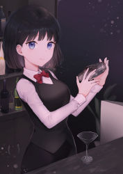 Rule 34 | 1girl, absurdres, bad id, bad pixiv id, bartender, black vest, blue eyes, bob cut, bottle, bow, bowtie, closed mouth, cocktail glass, cocktail shaker, collared shirt, commentary, cup, drinking glass, earrings, fingernails, hands up, highres, holding, jewelry, long sleeves, looking at viewer, original, oyabuli, red bow, red bowtie, shirt, smile, solo, symbol-only commentary, vest, white shirt, wing collar