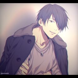 Rule 34 | 1boy, :d, black coat, black hair, blurry, blush, buttons, cardigan, casual, coat, collarbone, commentary request, crossed arms, depth of field, gradient background, grey background, grey cardigan, hair over one eye, himuro tatsuya, jewelry, kuroko no basuke, letterboxed, long sleeves, male focus, mashima shima, necklace, open clothes, open coat, open mouth, ring, ring necklace, short hair, simple background, smile, solo, teeth, twitter username, upper body, upper teeth only