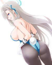 Rule 34 | 1girl, animal ears, aqua leotard, ass, asuna (blue archive), asuna (bunny) (blue archive), backless leotard, bare shoulders, black pantyhose, blue archive, blue eyes, blush, breasts, commentary request, dutch angle, engo (aquawatery), fake animal ears, fake tail, gloves, halo, highleg, highleg leotard, highres, large breasts, leotard, light brown hair, long hair, looking at viewer, official alternate costume, pantyhose, playboy bunny, profile, rabbit ears, rabbit tail, shoulder blades, sideboob, sideways mouth, simple background, smile, solo, strapless, strapless leotard, tail, turning head, twisted torso, very long hair, white background, white gloves