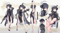 Rule 34 | 1girl, arms up, barefoot, black footwear, black gloves, black hair, black jacket, blue archive, breasts, butterfly hair ornament, china dress, chinese clothes, closed mouth, commentary request, covered navel, double bun, dress, full body, gloves, grey eyes, gun, hair bun, hair ornament, halo, hibi tsuna, highres, holding, holding gun, holding weapon, jacket, kisaki (blue archive), long hair, looking at viewer, multiple views, pelvic curtain, shoes, sitting, sleeveless, sleeveless dress, small breasts, smile, soles, standing, standing on one leg, striped clothes, striped jacket, toes, twintails, vertical-striped clothes, vertical-striped jacket, weapon