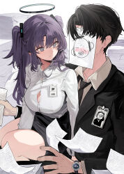 Rule 34 | 1boy, 1girl, absurdres, black hair, black necktie, black skirt, blue archive, blush, breasts, cleavage, closed mouth, collared shirt, doodle sensei (blue archive), fang, formal, hair between eyes, halo, highres, holding, holding paper, jewelry, large breasts, long hair, mechanical halo, movik, necktie, paper, purple eyes, purple hair, ring, sensei (blue archive), shirt, short hair, skin fang, skirt, smile, suit, two side up, watch, wedding ring, white shirt, wristwatch, yuuka (blue archive)