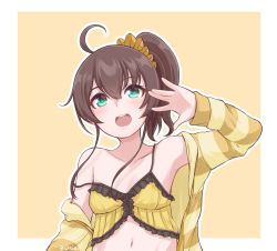Rule 34 | 1girl, :d, ahoge, arm up, armpits, bare shoulders, blush, breasts, colored stripes, commentary, disco brando, frills, green eyes, hair between eyes, hair ornament, hair scrunchie, highres, hololive, jacket, lingerie, long hair, looking at viewer, natsuiro matsuri, natsuiro matsuri (matsuri&#039;s day off), navel, off shoulder, open clothes, open jacket, open mouth, orange background, outline, ponytail, round teeth, scrunchie, sidelocks, simple background, small breasts, smile, solo, strap slip, striped clothes, striped jacket, teeth, twitter username, underwear, upper body, upper teeth only, virtual youtuber, white outline, yellow jacket