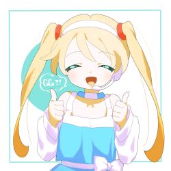 Rule 34 | 1girl, artist request, blonde hair, blue dress, copyright request, dress, headphones, headset, highres, hoi trueheart, looking at viewer, open mouth, rta-chan, rta in japan, sleeveless, sleeveless dress, smile, solo, thumbs up, twintails