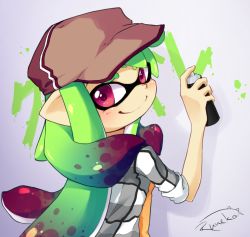 Rule 34 | 1girl, alternate hairstyle, artist name, baseball cap, blush, checkered clothes, checkered shirt, green hair, hat, inkling, inkling girl, inkling player character, long hair, long sleeves, looking at viewer, looking back, nintendo, pointy ears, purple eyes, runeko, shirt, signature, smile, solo, splatoon (series), splatoon 1, spray paint, standing, star-shaped pupils, star (symbol), symbol-shaped pupils, tentacle hair, upper body