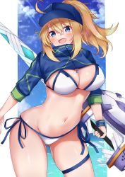 Rule 34 | 1girl, absurdres, ahoge, artoria pendragon (fate), baseball cap, bikini, blonde hair, blue hat, blue jacket, blue sky, blush, breasts, cleavage, cloud, cloudy sky, cropped jacket, day, fate/grand order, fate (series), hat, highres, holding, holding weapon, jacket, large breasts, long hair, long sleeves, looking at viewer, mysterious heroine x (fate), mysterious heroine xx (fate), navel, open mouth, outdoors, ponytail, rokita, shiny skin, shrug (clothing), side-tie bikini bottom, sky, smile, solo, stomach, sunlight, swimsuit, thigh strap, thighs, twinmyniad (fate), weapon, wristband, zipper, zipper pull tab