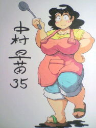 Rule 34 | 1girl, apron, black hair, blush, breasts, fat, hip focus, hitoshi kusano, large breasts, plump, sandals, smile, solo, thick thighs, thighs, translation request, wide hips