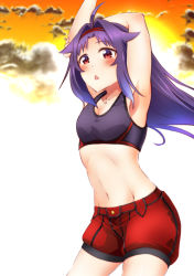 Rule 34 | 1girl, ahoge, alternate costume, armpits, arms up, ayukan., blush, breasts, chestnut mouth, cleavage, cowboy shot, groin, highres, long hair, navel, open mouth, purple hair, red eyes, shorts, small breasts, solo, sports bra, stretching, sword art online, yuuki (sao)