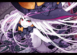 Rule 34 | 1girl, abigail williams (fate), abigail williams (third ascension) (fate), bad id, bad pixiv id, bare shoulders, black bow, black hat, black panties, blush, bow, colored skin, fate/grand order, fate (series), forehead, glowing, glowing eye, grin, hat, keyhole, long hair, looking at viewer, omaru gyuunyuu, orange bow, panties, parted bangs, polka dot, polka dot bow, red eyes, sharp teeth, slit pupils, smile, solo, teeth, tentacles, thighs, third eye, underwear, white hair, white skin, witch hat